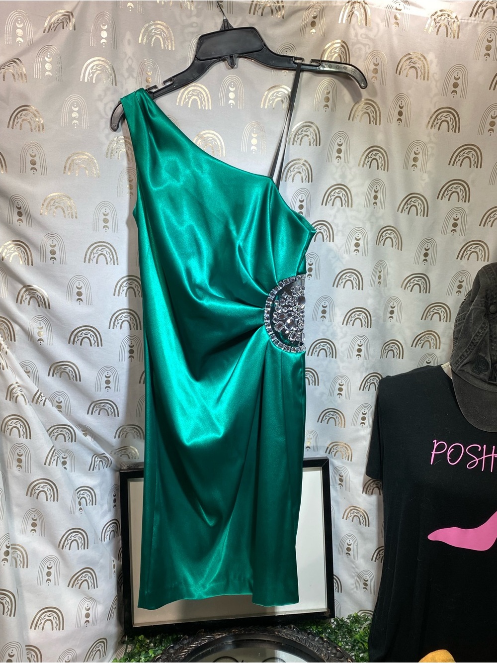 Adam One-Shoulder Teal Satin Dress with Rhinestone Waist Detail
